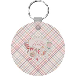 Modern Plaid & Floral Round Plastic Keychain (Personalized)