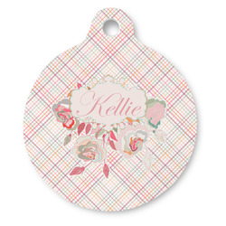 Modern Plaid & Floral Round Pet ID Tag - Large (Personalized)