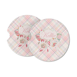 Modern Plaid & Floral Sandstone Car Coasters - Set of 2 (Personalized)