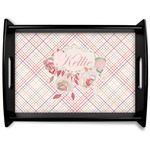 Modern Plaid & Floral Black Wooden Tray - Large (Personalized)