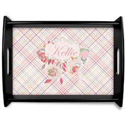 Modern Plaid & Floral Black Wooden Tray - Large (Personalized)