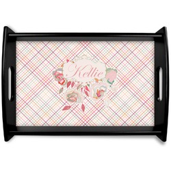 Modern Plaid & Floral Black Wooden Tray - Small (Personalized)