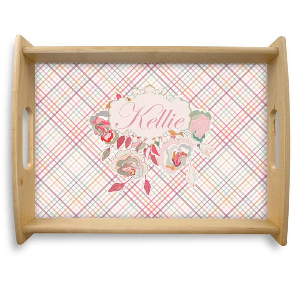 Custom Modern Plaid & Floral Natural Wooden Tray - Large (Personalized)