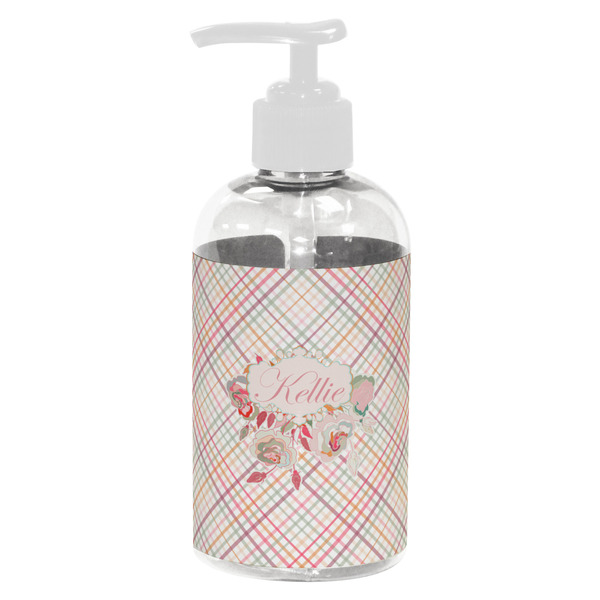 Custom Modern Plaid & Floral Plastic Soap / Lotion Dispenser (8 oz - Small - White) (Personalized)