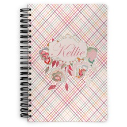 Modern Plaid & Floral Spiral Notebook - 7x10 w/ Name or Text