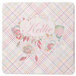 Modern Plaid & Floral Square Rubber Backed Coaster (Personalized)