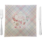 Modern Plaid & Floral 9.5" Glass Square Lunch / Dinner Plate- Single or Set of 4 (Personalized)