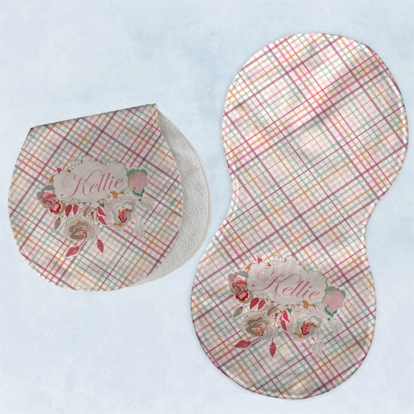 Custom Modern Plaid & Floral Burp Pads - Velour - Set of 2 w/ Name or Text