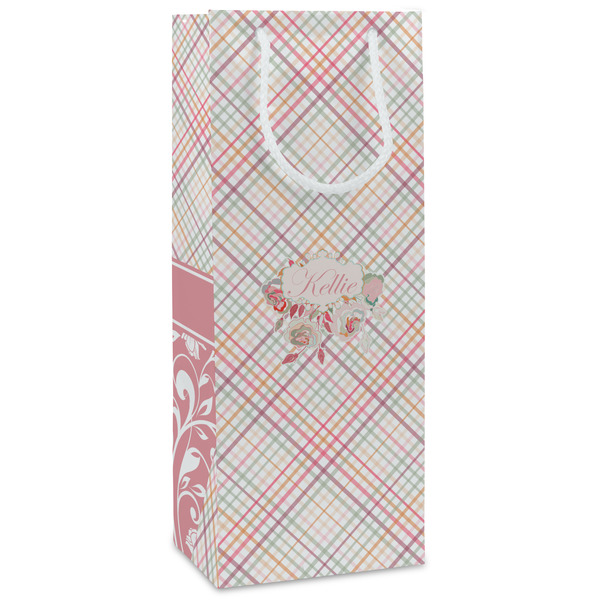 Custom Modern Plaid & Floral Wine Gift Bags - Matte (Personalized)