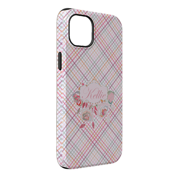 Custom Modern Plaid & Floral iPhone Case - Rubber Lined - iPhone 14 Plus (Personalized)