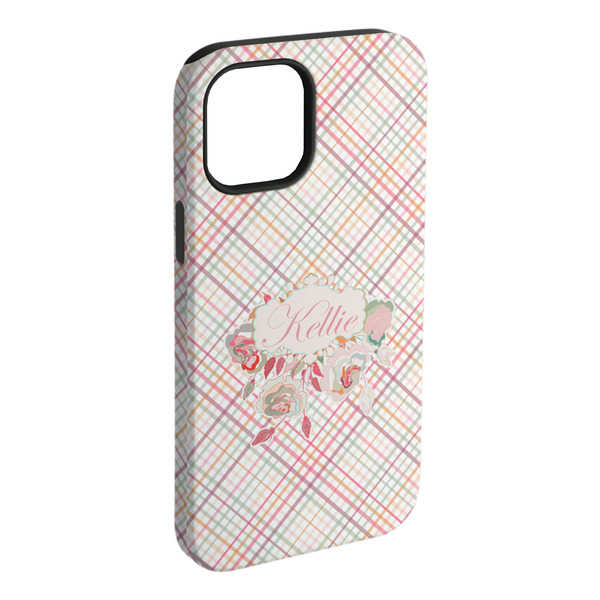 Custom Modern Plaid & Floral iPhone Case - Rubber Lined - iPhone 15 Plus (Personalized)