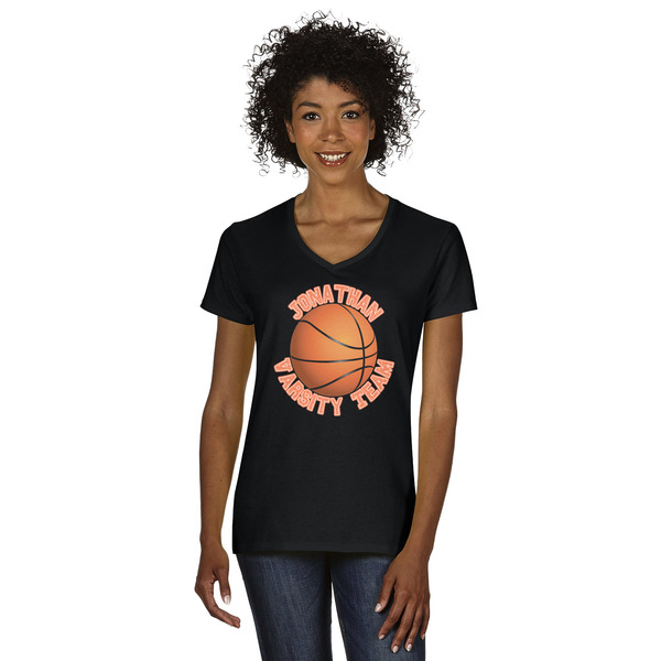Custom Basketball Women's V-Neck T-Shirt - Black - Small (Personalized)