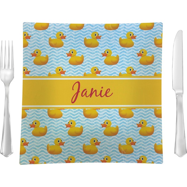 Custom Rubber Duckie 9.5" Glass Square Lunch / Dinner Plate- Single or Set of 4 (Personalized)