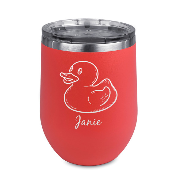 Custom Rubber Duckie Stemless Stainless Steel Wine Tumbler - Coral - Double Sided (Personalized)