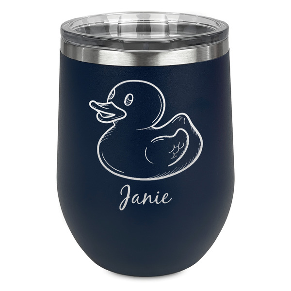 Custom Rubber Duckie Stemless Stainless Steel Wine Tumbler - Navy - Single Sided (Personalized)