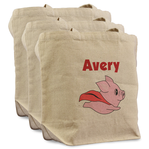 Custom Flying Pigs Reusable Cotton Grocery Bags - Set of 3 (Personalized)