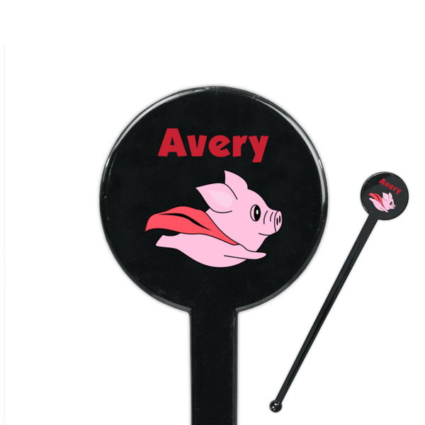 Custom Flying Pigs 7" Round Plastic Stir Sticks - Black - Double Sided (Personalized)