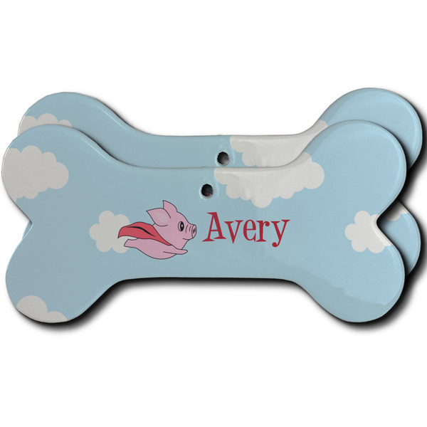 Custom Flying Pigs Ceramic Dog Ornament - Front & Back w/ Name and Initial