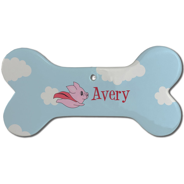 Custom Flying Pigs Ceramic Dog Ornament - Front w/ Name and Initial