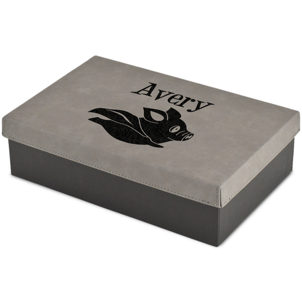 Custom Flying Pigs Large Gift Box w/ Engraved Leather Lid (Personalized)