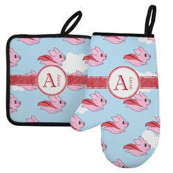 Flying Pigs Left Oven Mitt & Pot Holder Set w/ Name and Initial