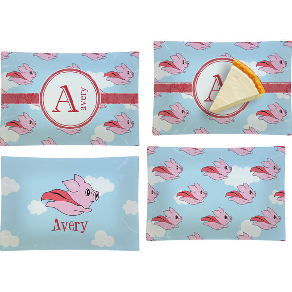 Custom Flying Pigs Set of 4 Glass Rectangular Appetizer / Dessert Plate (Personalized)