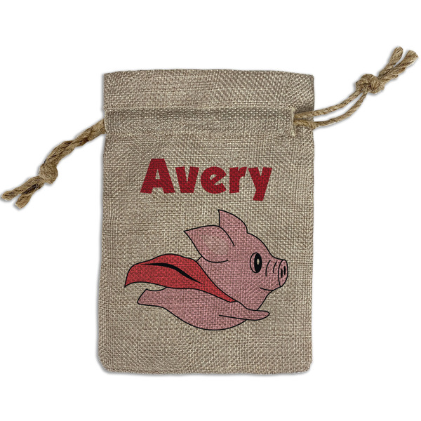 Custom Flying Pigs Small Burlap Gift Bag - Front (Personalized)