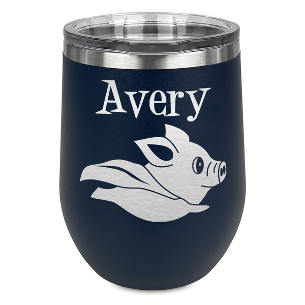 Custom Flying Pigs Stemless Stainless Steel Wine Tumbler - Navy - Double Sided (Personalized)