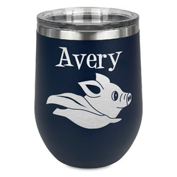Flying Pigs Stemless Stainless Steel Wine Tumbler - Navy - Single Sided (Personalized)