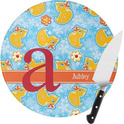 Rubber Duckies & Flowers Round Glass Cutting Board - Small (Personalized)