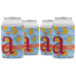 Rubber Duckies & Flowers Can Cooler (12 oz) - Set of 4 w/ Name and Initial