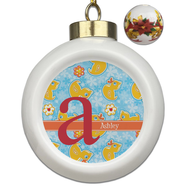 Custom Rubber Duckies & Flowers Ceramic Ball Ornaments - Poinsettia Garland (Personalized)