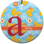 Rubber Duckies & Flowers Round Ceramic Ornament w/ Name and Initial