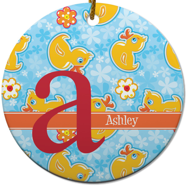 Custom Rubber Duckies & Flowers Round Ceramic Ornament w/ Name and Initial