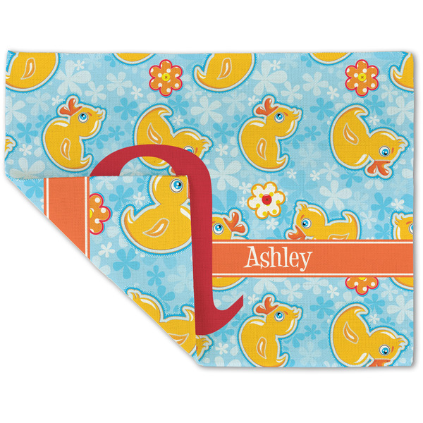 Custom Rubber Duckies & Flowers Double-Sided Linen Placemat - Single w/ Name and Initial