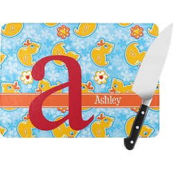 Rubber Duckies & Flowers Rectangular Glass Cutting Board - Large - 15.25"x11.25" w/ Name and Initial