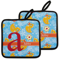 Rubber Duckies & Flowers Pot Holders - Set of 2 w/ Name and Initial