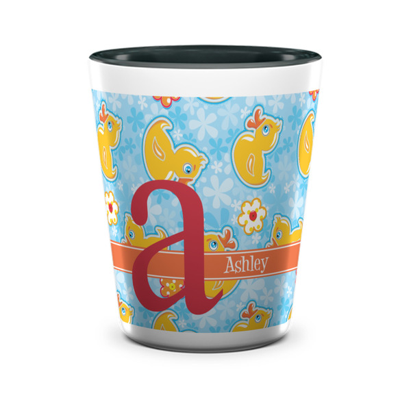 Custom Rubber Duckies & Flowers Ceramic Shot Glass - 1.5 oz - Two Tone - Set of 4 (Personalized)