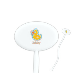 Rubber Duckies & Flowers 7" Oval Plastic Stir Sticks - White - Single Sided (Personalized)