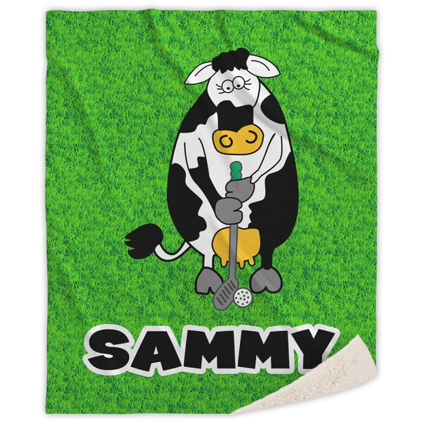 Custom Cow Golfer Sherpa Throw Blanket - 50"x60" (Personalized)