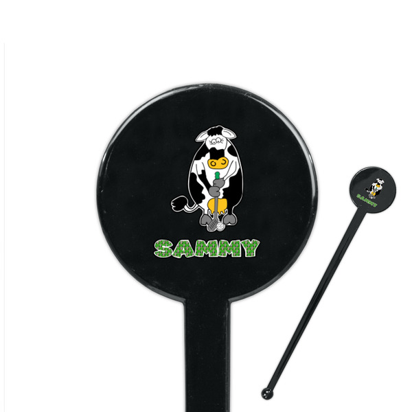 Custom Cow Golfer 7" Round Plastic Stir Sticks - Black - Single Sided (Personalized)