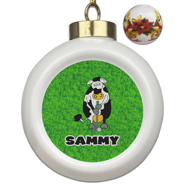 Custom Cow Golfer Ceramic Ball Ornaments - Poinsettia Garland (Personalized)