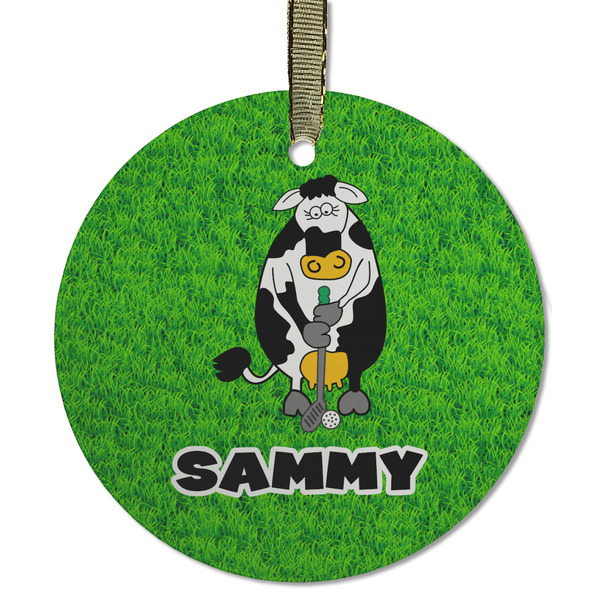 Custom Cow Golfer Flat Glass Ornament - Round w/ Name or Text