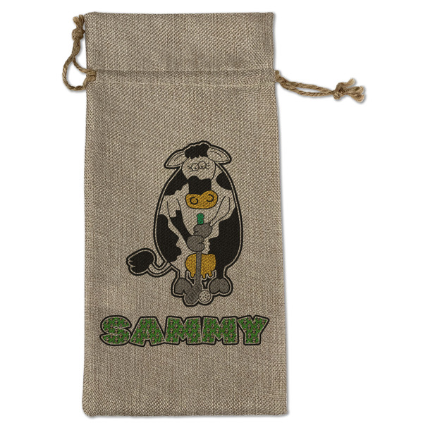 Custom Cow Golfer Large Burlap Gift Bag - Front (Personalized)