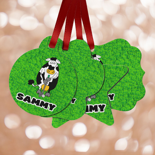 Custom Cow Golfer Metal Ornaments - Double Sided w/ Name or Text