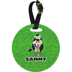 Cow Golfer Plastic Luggage Tag - Round (Personalized)