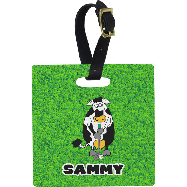 Custom Cow Golfer Plastic Luggage Tag - Square w/ Name or Text