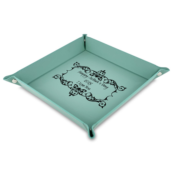 Custom Mother's Day 9" x 9" Teal Faux Leather Valet Tray