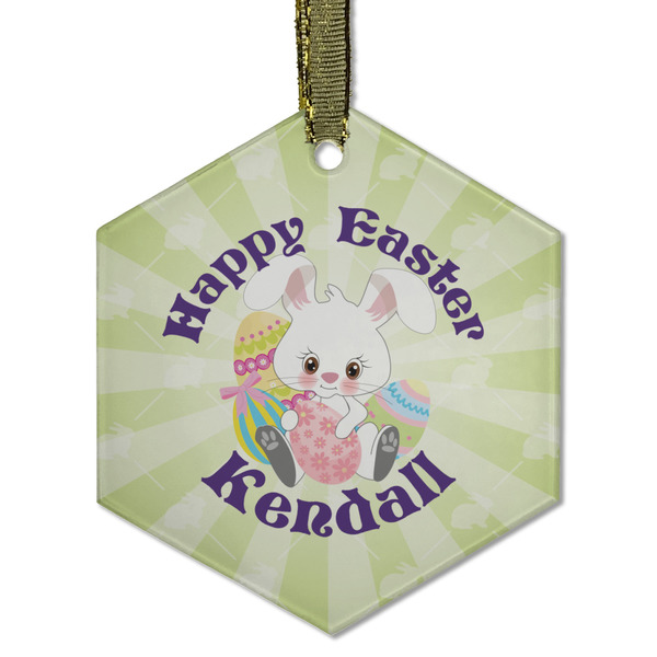 Custom Easter Bunny Flat Glass Ornament - Hexagon w/ Name or Text