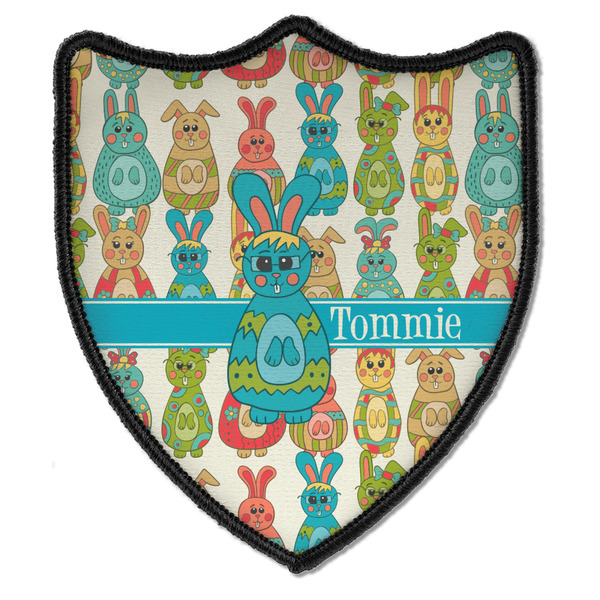 Custom Fun Easter Bunnies Iron On Shield Patch B w/ Name or Text